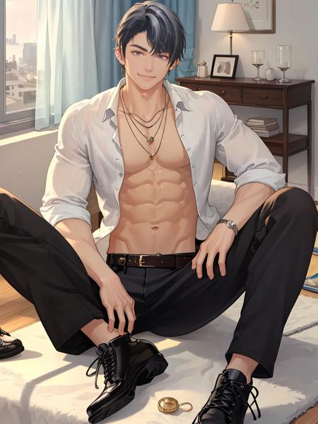 <lora:Marius_von_Hagen-000006:1>,lujinghe,1boy,abs,male focus,shirt,white shirt,muscular,pants,jewelry,solo,looking at viewer,smile,black pants,open clothes,belt,shoes,muscular male,closed mouth,indoors,black footwear,necklace,sitting,navel,, masterpiece,best quality