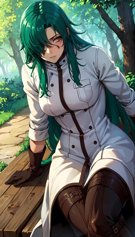 long hair green hair yellow eyes hair covering one eye long coat white coat white gloves