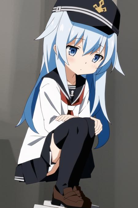 1girl, hibiki, white shirt, pleated skirt, (black thighhighs:1.4), fleet cap, blue hair, medium hair, blue eyes, (little girl:1.3), (small height:1.3), (at full size), (skinny:1.3)