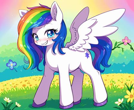 <lora:70_CutePony:0.7>, feral pony, Derpibooru_p_95, (small:1.2), (cute:1.2), tail, fur, hooves, (small body:1.2), (blush:1.1), grin, safe, multicolored skin, multicolored hair, earth pony, standing, blue sparkle eyes, rainbow, Pegasus,  Pegasus wings
from below, colorful flower meadow background, (vector:0.8) (detailed:0.6)