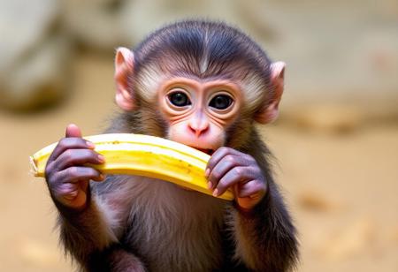 Baby monkey is eating a banana