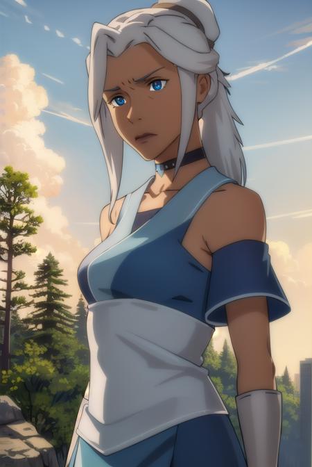 avatarkya, <lora:avatar kya-lora-nochekaiser:1>,
kya, long hair, ponytail, grey hair, hair bun, single hair bun, blue eyes, dark skin, dark-skinned female,
BREAK dress, jewelry, boots, choker, blue dress, grey footwear,
BREAK outdoors, forest, nature, grass, trees, sun, sky, clouds,
BREAK looking at viewer, (cowboy shot:1.5),
BREAK <lyco:GoodHands-beta2:1>, (masterpiece:1.2), best quality, high resolution, unity 8k wallpaper, (illustration:0.8), (beautiful detailed eyes:1.6), extremely detailed face, perfect lighting, extremely detailed CG, (perfect hands, perfect anatomy),