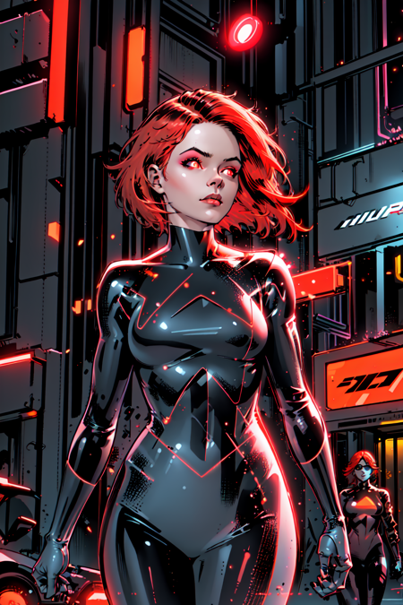 Ryan Ripley, black bodysuit, bodysuit, breasts, city, clenched hands, cyberpunk, floating hair, glowing, glowing eyes, lips, long hair, looking at viewer, medium breasts, neon trim, orange hair, outdoors, red eyes, red hair, science fiction, short hair, skin tight, standing, thigh gap<lora:STAR:0.6>