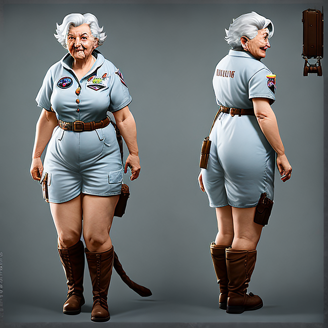 21CharTurnerV2_L-420 character turnaround of a old woman astronaut. Retro, pinup. photographic