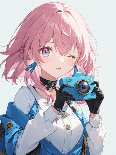 ultra-detailed,(best quality),((masterpiece)),(highres),original,extremely,sanyueqi,1girl,camera,solo,one eye closed,pink hair,holding camera,looking at viewer,holding,gloves,long sleeves,blue eyes,bangs,shirt,white shirt,black gloves,fingerless gloves,hair between eyes,v,upper body,pink eyes,<lora:Marth7x5_xl-000008:1>,