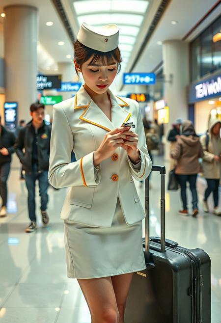 DSLR-style, glamorous, elegant 26-year-old Korean model, extremely pale skin with natural texture.  parted lips, masterpiece, ultra high-res  
<lora:NOOB_vp1_detailer_by_volnovik_v1:1>
barely visible pores, subtle skin texture variation, translucent skin tone, full body. 
A stylish individual, appearing to be a flight attendant due to their crisp white uniform featuring gold accents on the short jacket cuffs and a matching peaked cap, extremely short skirt, stands in a modern, brightly lit indoor space, possibly a shopping mall or airport terminal. They are looking down at a small, light-colored object in their hands, seemingly focused on it. A rolling suitcase stands beside them. The floor beneath them is a translucent material, revealing a lower level. In the background, several other people walk by, including a person in a dark jacket and jeans and another in a light-colored hooded jacket and pants. Signage with text and numbers is visible in the background, along with the illuminated sign of a tea shop. The overall atmosphere suggests a moment of pause in a busy public area. Capture the details of the uniform, the translucent floor, the various background figures, and the ambient lighting to create a realistic and engaging scene. Pay close attention to the textures of the clothing and the reflections on the floor.
