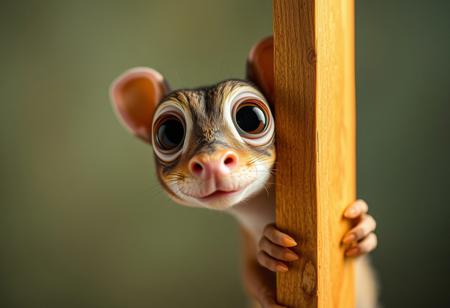 A whimsical creature peeks into the right side of a vertical canvas, its large, curious eyes staring directly into the frame as if observing the viewer. The frame itself appears to bend slightly, reacting to the creatureâs playful presence, creating the illusion that itâs part of the scene, Vibrant Glow