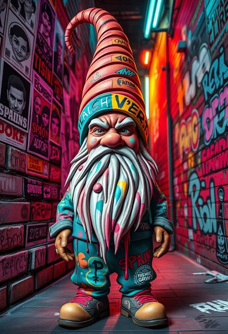 A defiant urban gnome stands center stage in a neon-lit alley, his body adorned with streetwear painted in graffiti motifs and cartoonish branding. His beard is woven with symbols and vibrant abstract shapes, flowing like an animated mural. The gnome's hat spirals upward in candy-striped colors, tagged with dripping spray art and warped consumer logos. Behind him, the brick wall explodes with chaotic layers of posters, stencils, and stylized graffiti—faces of pop culture icons, fractured typography, and exaggerated comic eyes. One side of his face is photorealistic, the other masked in swirling paint textures, giving him a dual identity. Light flickers in synthetic tones—electric pinks, aquamarines, and acid greens—highlighting the contradiction between mythical folklore and hyper-commercialized rebellion. This gnome is both icon and parody, existing at the intersection of fantasy and visual overload.