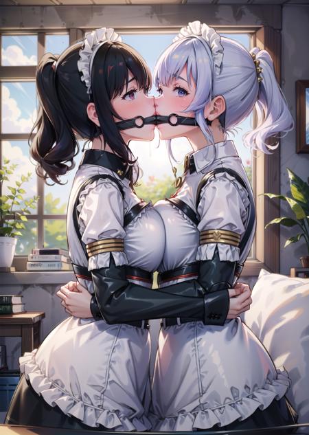 (multiple girls, 2girl, bound bdsm, gagged gag, breast press, kissing, symmetrical docking) (digital) (in detailed bunker(maid uniform)) , best quality, <lora:boldline:0.2>  <lora:hairdetailer:0.2> doublegag, <lora:doublegag:1>