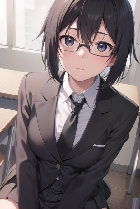 shinoasada, <lora:shinoasada-lora-nochekaiser:1>, 
shino asada, (black eyes:1.5), black hair, hair between eyes, hair ribbon, short hair, sidelocks, glasses, (small breast:1.2),
BREAK blazer, black jacket, black skirt, jacket, necktie, pleated skirt, red necktie, ribbon, school uniform, skirt, tress ribbon,
BREAK looking at viewer,
BREAK indoors, classroom,
BREAK <lyco:GoodHands-beta2:1>, (masterpiece:1.2), best quality, high resolution, unity 8k wallpaper, (illustration:0.8), (beautiful detailed eyes:1.6), extremely detailed face, perfect lighting, extremely detailed CG, (perfect hands, perfect anatomy),