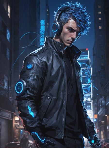 anime drawing of a male,short_hair,blue_hair,headphones,gakuran,jacket,silver_eyes,summoning_pose,cool,detached,protagonist,urban_fantasy,dark_theme,silver glowing gun,