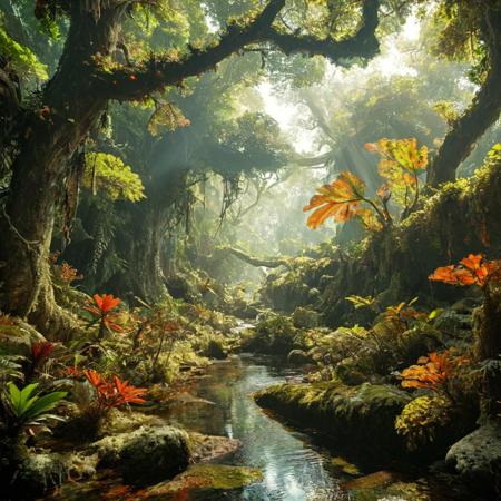 a realistic dense, prehistoric jungle teeming with life, where towering trees with gnarled trunks and oversized leaves create a lush canopy overhead. Shafts of sunlight illuminate patches of colourful plants and lichen. Strange creatures can be seen flitting between the branches. A stream winds through the jungle, its waters reflecting the rich vibrant colours of this amazing jungle