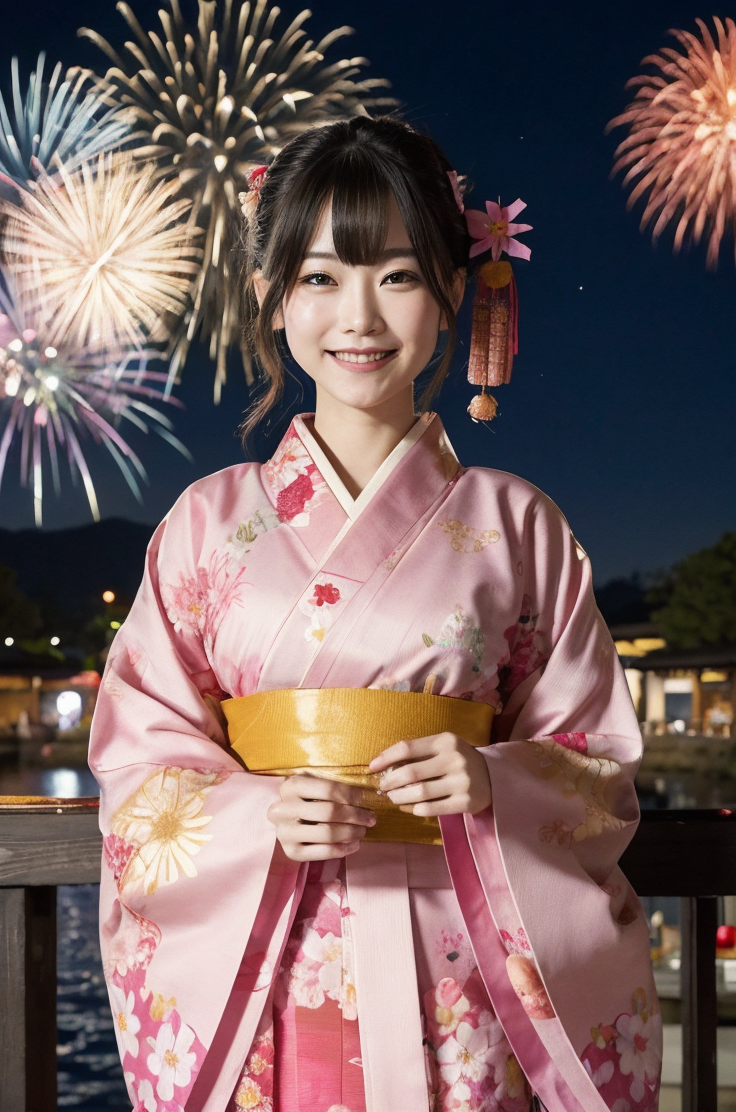 1girl,wearing pink kimono,japanese clothes,pink kimono,flowr print,looking viewer,close up,from_front:1.2,festival,yukata,...