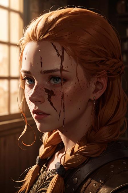 portrait, realistic render, film photo, atmospheric lighting, cinematic composition, high quality, masterpiece, female, ginger hair, freckles, dirty, sweaty, viking warrior, battlefield, fire, braids, intricate hair details