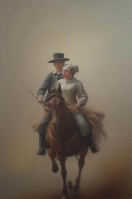 A dynamic painting in soft pastel colors depicting figures in motion through a thick fog, evocative of the Dutch Golden Age style.  The painting features soft brushwork, blurred lines, and action poses, creating a gentle and soothing atmosphere.