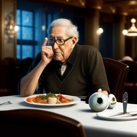 realistic image, an elderly blind man sitting at the table, wearing black glasses, a white cane next to the table, in front of him a plate, knife, fork, a set table, eyeballs on the plate. restaurant atmosphere. satirical image. fantasy setting, intricate detail