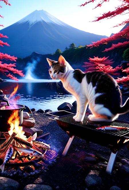 coralbugXL, kitten in beautiful campsite near mount fuji with beautiful lake, sitting next to campfire grilling fish, Food photography, Appetizing, professional, culinary, high-resolution, commercial, 
concept-art, digital, dreaminess, fantasy, other-worldliness, alien worlds, 
intricate details, highly detailed, ultra-detailed, absurdres, unreal engine, octane rendering, high contrast, vivid, vibrant, volumetric lighting, sharp focus, 
aid291, midjourneyv6.1,