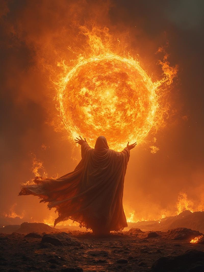 A formidable mage, garbed in flowing, ember-glowing robes, stands at the center of a desolate, scorched battlefield. The mage channels a blazing fireball, its searing flames illuminating the dark, smoke-filled air with intense, flickering light. The scene is charged with a fierce, elemental energy and a sense of impending destruction. Rendered in a Photographic style with a 135mm lens, capturing the fiery explosion’s vivid details and dramatic contrasts.