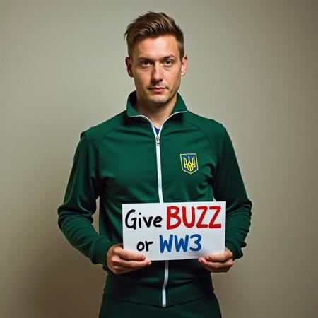Ukrainian President Zelensky wearing a dark green track suit and holding a sign that reads "Give BUZZ or WW3"