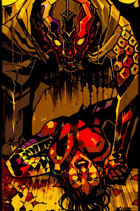 demon god,laying on the ground, yellow color <lora:tarot card v3:1>