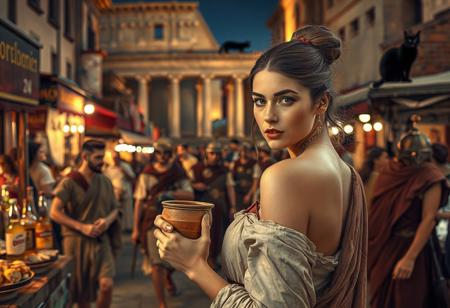 Setting is a 1st century Roman Empire market in Rome at night, the market is comprised of street vendors selling, food, weapons, and clothing. Everyone and everything in the image is appropriate for a scene from Ancient Rome, People wearing Roman clothing are walking through the street market shopping and eating, in the foreground is a merchant selling beverages and food at a market kiosk, (((a beautiful woman, 24 years old is standing in the foreground, the woman  facing the viewer with a clay goblet of wine in her hand. Her eyes are beautiful and focused on the viewer, she has an expression of interested curiosity))), Roman Soldiers are walking behind the beautiful woman, one of the solders turns to look at the beautiful woman, many people are walking by in the busy street market, the woman is dressed in high fashion Roman Empire clothing with an alluringly sexual, but traditional roman aesthetic. The woman's hair is elegantly tied up with a ribbon. Artistic ancient Roman aesthetic, dynamic perspective, (((overall architectural aesthetic is Ancient Rome in 1st Century Roman Empire era))).  Epic image that elicits a feeling of wonder and awe, Rome Coliseum Roman Forum architecture in background, a sleek black cat is visible sitting on a kiosk roof in the background,