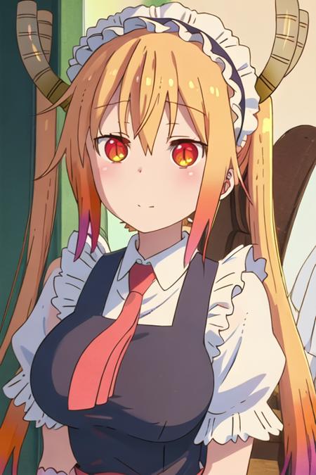 best quality, masterpiece, highres, solo, {tooru_kobayashisanchinomaidragon:1.15}, blonde_hair, horns, dragon_horns, long_hair, dragon_girl, maid_headdress, twintails, multicolored_hair, maid, blush, gradient_hair, necktie, red_eyes, closed_mouth, red_necktie, orange_eyes, hair_between_eyes, breasts, orange_hair, 1girl, collared_shirt, shirt, slit_pupils, upper_body, white_shirt