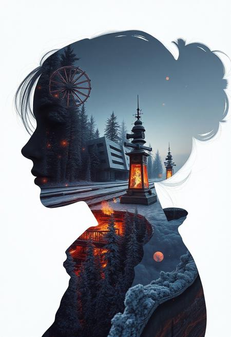 Abstract style dystopian future with elements of an apocalyptic winter inside the silhouette of a womans head and shoulders, that is a double exposure photograph, colours and shapes, expression of feelings, imaginative, highly detailed