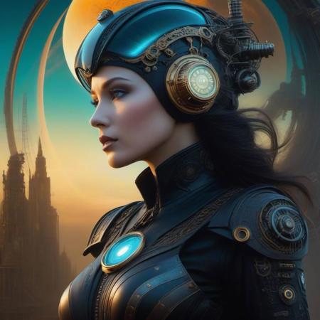 Mid body Woman with fine high tech skin details, detailed face, sf, steampunk small,intricate artwork masterpiece, white and black pastel ratio, background is the earth planet on golden hour with cyan light, fog ambiance, ominous, matte painting movie poster, by Anne Stokes and Phil Koch