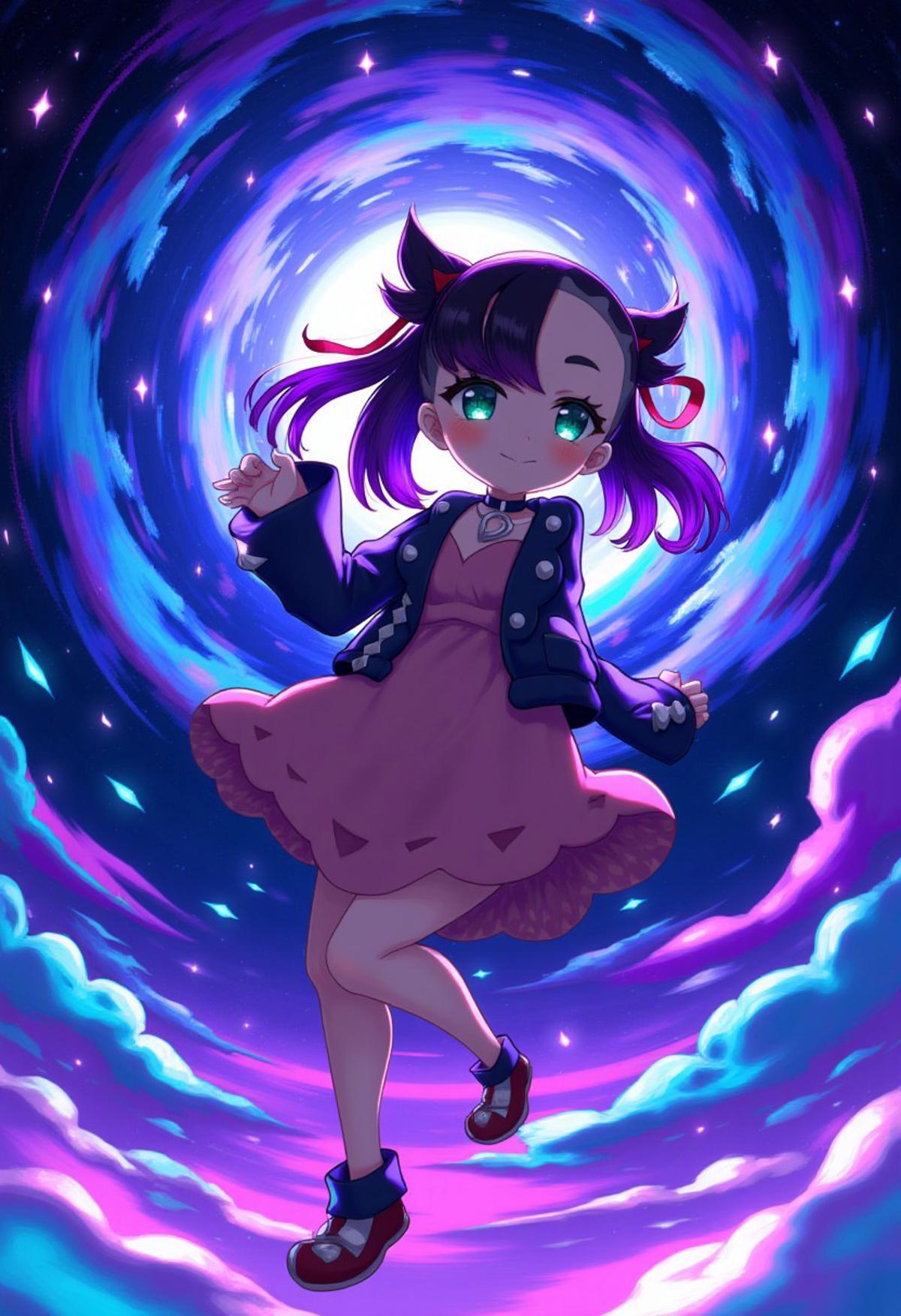 The background is a swirling, neon-colored cosmic landscape with vivid hues of swirling colors like cold blues and glowing purples and glowing geometric shapes, creating a mesmerizing, dreamlike effect. At the center of the image floats zzMarnie, aqua eyes, black choker, red ribbon, pink dress, black jacket, blush, smile, upper body, The overall feel should be playful, cosmic-themed with that sparks the desire to explore space and fills you with a sense of hope and wonder.