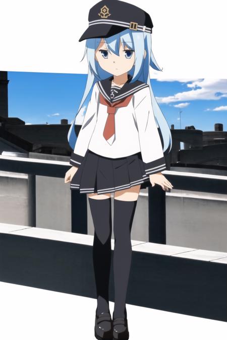 1girl, hibiki, white shirt, pleated skirt, (black thighhighs:1.4), fleet cap, blue hair, medium hair, blue eyes, (little girl:1.3), (small height:1.3), (at full size), (skinny:1.3), city background