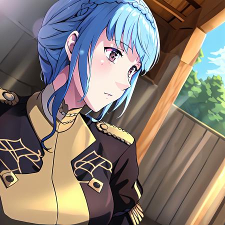 (masterpiece:1.1), (best quality:1.1), marianne_von_edmund, 1girl, solo, short hair, breasts,  light blue hair, outside, brown eyes, <lora:MarianneVonEdmund:1>, still from official media anime, 4K masterpiece!!, 8k resolution!!!, trending on pixiv fanbox!, stunning detail!!!!!!!!!!!!, professional lighting, barn, uniform, garreg mach monastery, uniform, braided hair