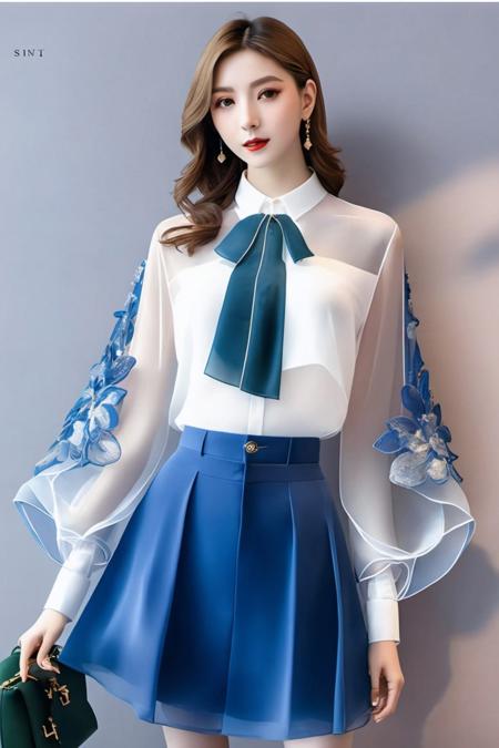 1 girl, solo, skirt, shirt, blue skirt, see-through sleeves, white shirt, shirt tucked in, long skirt, <lora:6-12yifu:0.7>