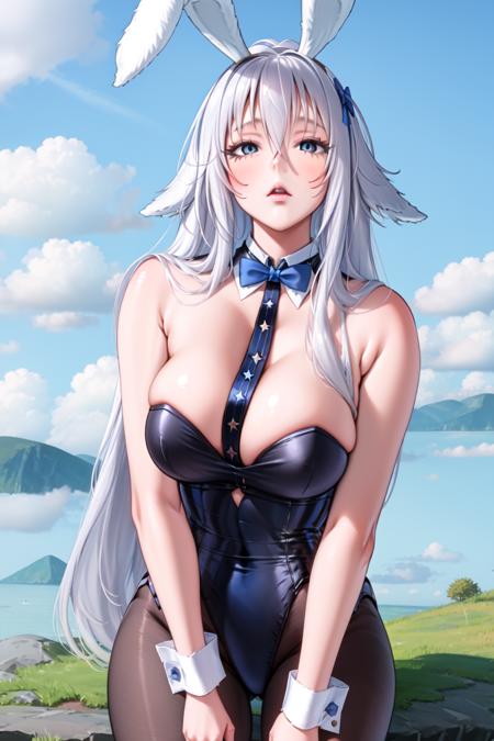 masterpiece, best quality, extremely detailed, snsoyuz, 1girl, solo, long hair, breasts, scenery, outdoors , animal ears, very long hair, upper body,  pantyhose, bowtie, rabbit ears, leotard, playboy bunny,  <lora:sovetsky_soyuz_(azur_lane)_V2:1>, milf, <lora:Milf:0.7> ,<lyco:LoconBurstingBreasts_v1:0.8>