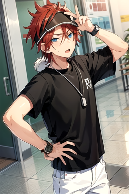 <lora:RinneAmagi-05:0.7> ,rinne, solo, looking at viewer, short hair, open mouth, blue eyes, shirt, 1boy, holding, jewelry, male focus, red hair, pants, indoors, hand on hip, black shirt, headband, t-shirt, watch, white pants, visor cap, wristwatch, mop