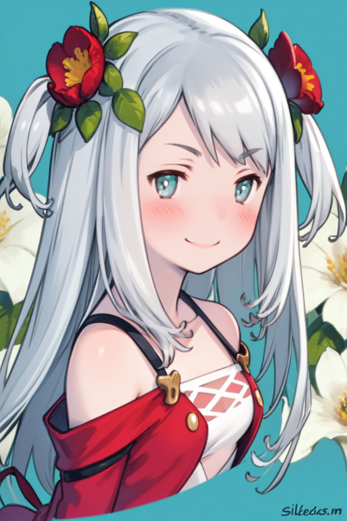 portrait, solo, 1girl, looking to the side, smile, blush, small breasts, silver hair, two side up, aqua eyes, red clothes,...