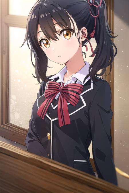 hasukikomai, <lora:hasuki komai s1-lora-nochekaiser:1>,
hasuki komai, (black hair:1.5), ribbon, (brown eyes:1.5), hair ribbon, side ponytail,
BREAK bow, school uniform, jacket, striped, bowtie, black jacket, blazer, striped bow, striped bowtie,
BREAK indoors, classroom,
BREAK looking at viewer, (cowboy shot:1.5),
BREAK <lyco:GoodHands-beta2:1>, (masterpiece:1.2), best quality, high resolution, unity 8k wallpaper, (illustration:0.8), (beautiful detailed eyes:1.6), extremely detailed face, perfect lighting, extremely detailed CG, (perfect hands, perfect anatomy),