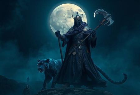 1. "Capture the Sacred Knight's Spearholder on a Shadow Moon, dressed in a full-body purple cloak, wielding an axe, and accompanied by a blue panther. Use micro details, lifelike details, and the golden ratio to create a highly detailed, 8k image with a dark blue misty background. Cinematic lighting and dark figures walking in the background will add to the atmosphere."
2. "Create a high-concept art piece featuring the Sacred Knight's Spearholder on a Shadow Moon, dressed in a full-body purple cloak and wielding an axe. Include a shepherd's crook, a forged sword, and the blue panther. Use micro details, lifelike details, and the golden ratio to create a highly detailed, hyper-realistic, 8k image with intricate jewelry and symmetrical compositions. Add cinematic lighting and dynamic, ambient, and volumetric lighting to enhance the mood."
3. "Design a detailed, 8k, HD, realistic illustration of the Sacred Knight's Spear