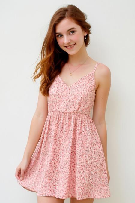 HD, perfect quality, 16k, very detailed,  a beautiful 21yo college girl with ginger hair in an updo, pale skin, wearing a calico floral dress, pink fleckes, green eyes, slim, detailed skin, hair behind ear, smiling proudly, standing in front of white background, barefoot