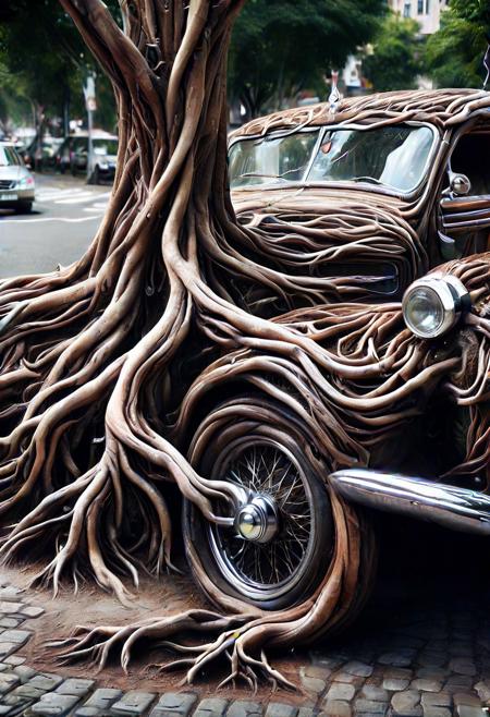 morph-treeroots , vintage car,polished chrome details,classic style design,in city,photography<lora:tree roots_0_100_V1-000008:1>