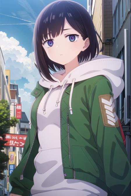 kanaichikawa, <lora:kana ichikawa s1-lora-nochekaiser:1>,
kana ichikawa, short hair, bangs, blue eyes, black hair, (ringed eyes:1.5),
BREAK jacket, hood, hoodie, hood down, drawstring,
BREAK outdoors, city, sun, sky, clouds,
BREAK looking at viewer, (cowboy shot:1.5),
BREAK <lyco:GoodHands-beta2:1>, (masterpiece:1.2), best quality, high resolution, unity 8k wallpaper, (illustration:0.8), (beautiful detailed eyes:1.6), extremely detailed face, perfect lighting, extremely detailed CG, (perfect hands, perfect anatomy),