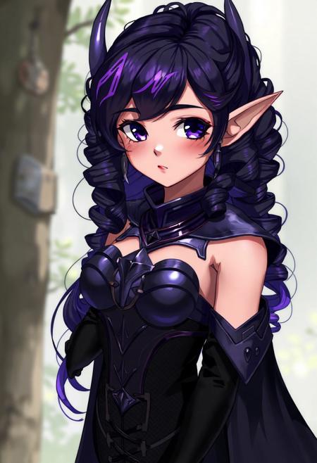 1girl, fantasy elf, long fantasy elven ears, natural lighting, realistic style, round cheek bones, full lips, small mouth, small nose, round face, black velvet boots laced with leather straps, body shaped like hourglass, long curled black hair with purple highlights, purple eyes, pupils showing, zoomed out, full view, a sexy purple elven metal armor,( long black cloak:1.1), (anime:1.1),