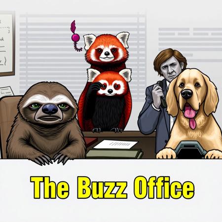 A bored-looking sloth (as Jim) stares deadpan at the camera while a hyperactive red panda (as Dwight) waves a tiny beet in the background. A sensible owl (as Angela) judges them from her desk, and a golden retriever (as Michael) barks into a phone awkwardly. The headline is “The Buzz Office.”