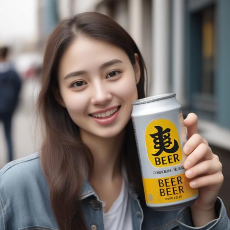 A photorealistic image of a young woman enthusiastically drinking beer from a small, silver-colored metal can. She should be holding the can with one hand, taking a big gulp, and her eyes should be closed to emphasize her enjoyment. The setting could be a casual outdoor gathering or a bar, with appropriate lighting to set a relaxed and cheerful mood. The can's label should be visible but not the main focus, and it should be clear that it contains beer. The can should be small enough to be held comfortably in one hand,<lora:twbeer3:0.55>,sonbeer,