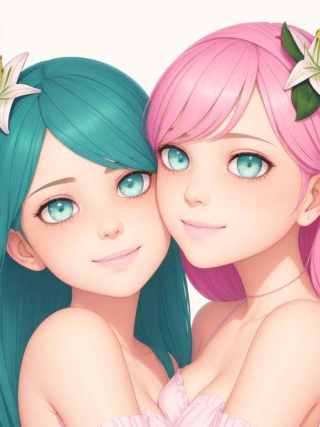 2girls, pastel color, flat color, high contrast, illustration, beautiful detailed glow, (beautiful detailed eyes), face to face, hugging, smile, detailed background, flowers, lily, rose, bare shoulder