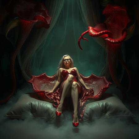 ball-gagged blonde damsel.  lifted glossy nightgown, her glasses askew, glossy high heels, she is laying inside giant rafflesia bloom , red tentacle from the bloom streaming transparent slime to her body,  her legs spreaded wide apart, knees bent,   penetration, orgasm, mind break,   surrounded by  giant rafflesia  glossy  crystal slime covered red colossus petales , reflecting the faint glow of the weird alien laboratory chamber. thin transparent slime curtains, pillow foil canopy,  fog from the floor. floor covered by giant leather pillows.   the walls appear to be alive, covered in a pulsing, iridescent slime, while colossus observation portholes gaze in like empty eyes, as if the very darkness of space itself is watching this horrific scene unfold. Inspired by the dark, industrial sci-fi of H.R. Giger, the eerie, atmospheric lighting of Zdzisław Beksiński, and the surreal, biomechanical nightmares of Francis Bacon.