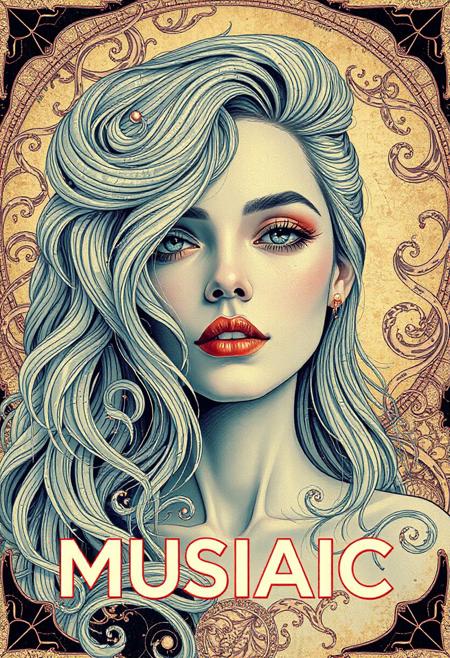 high quality design aesthetics, synth pop, detailed, pop album cover, beautiful young white woman, artist name "Musaic", intricate swirls, patterns