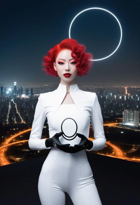 an android woman holding a giant black circle in bold lines intersected by a thick pentagram held up in hands, five pointed star, symmetrical,
In the background: ((An enormous city sprawl with a city skyline reaching for the stars,
Aleph Tower, centre for the AI that rules the Human civilization, in a glittering city of glass and shining metal,
   bright sunlight under a pitch black sky.
twice five miles of urban sprawl,
, slick suit, white top with thin shoulder straps,mechanical limbs, joints, metal face,( full body portrait:1.5), petite body, fake red hair with flowing curls, pale plastic skin, painted blush on cheeks, red lipstick, stale smile, proud)),  
Photographer Reuben Wu Style