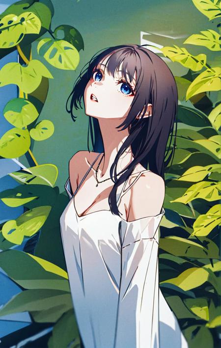 1girl, breasts, bangs, bare_shoulders, blue_eyes,cleavage, collarbone, fingernails, grass, jewelry, leaf, long_hair, long_sleeves, looking_at_viewer, medium_breasts, necklace, off_shoulder, parted_lips, plant, shirt, simple_background, solo, teeth, white_background, white_shirt, wind<lora:style_YoneyamaMaiSTD:1>