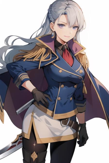 <lora:aurelialeguin:0.7>  aureliablue, 1girl, solo, long hair, gloves, cape, uniform, braid, epaulettes, jewelry, earrings, black gloves, military uniform, military, looking at viewer, skirt, weapon, sword, jacket, belt, french braid, pantyhose, holding, smile, ascot, holding weapon, holding sword, white skirt, standing, hand on hip, blue jacket, boots, necktie, simple background, white background, large breasts, over shoulder, double-breasted, weapon over shoulder, full body, buttons, upper body, character name, stairs, short hair, pants, black pantyhose, outdoors, crown braid, long sleeves