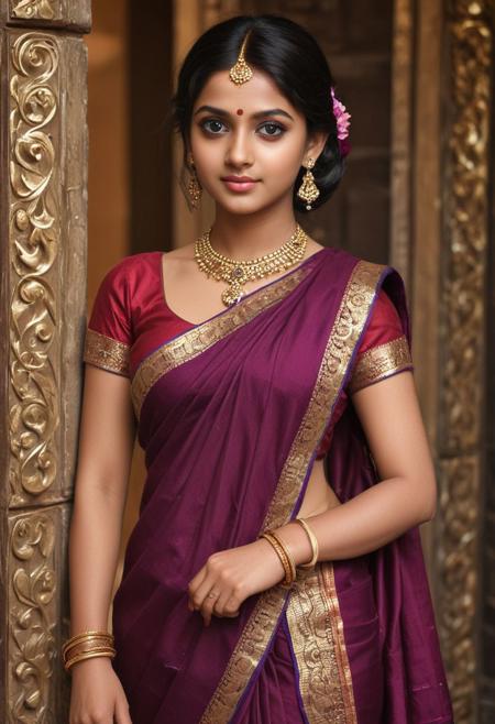 A stunning girl, 20 years old, radiates beauty in her traditional attire. Her dark skin contrasts with the vibrant crimson violet saree that drapes over her shoulder, accentuating her graceful figure. With her mesmerizing big eyes highlighted by black kajal, she stands confidently. Background will enhance the above image.